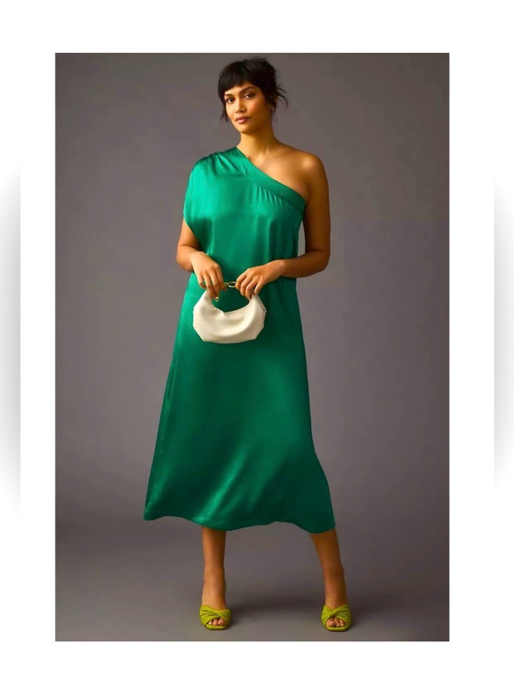 Nwot. Anthropology Elegant Emerald Green One-Shoulder Satin Dress.
